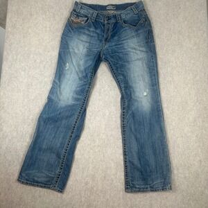 MEK Denim Meknes Bootcut Jeans Mens 36x34 Blue Distressed Embroidered 1183